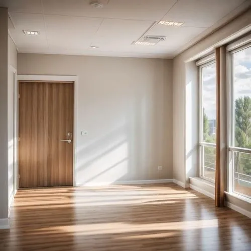 KEEP RIGHT WALL SPACE BLANK TO HANG ECOMMERCE PRODUCTS.... shift the angled empty wall to the far right as the focal point. add modern couch, chair, and coffee table.,hallway space,daylighting,hardwoo