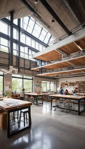 loft,collaboratory,clerestory,cafeteria,chefs kitchen,school design,gensler,daylighting,snohetta,ucsc,lofts,wooden beams,workbenches,canteen,bohlin,modern kitchen interior,modern office,lunchroom,greenhaus,cohousing,Illustration,Paper based,Paper Based 16