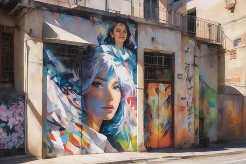 mural, graffiti de assuka langley y reik ayanami, street, en la calle ,there is a woman in the painting next to a building,adnate,rone,welin,laneways,graffiti art,urban street art,street art,rue,stree