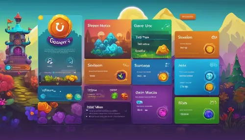 Design a vibrant and interactive UI for a Microsoft game.,fairy tale icons,colorful foil background,icon pack,lures and buy new desktop,fruits icons,set of icons,fruit icons,android game,crown icons,o