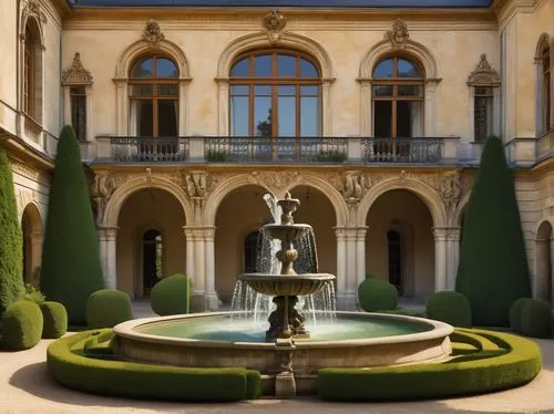 Renaissance French architecture, grand palace, ornate facade, intricate stone carvings, symmetrical composition, elegant arches, Corinthian columns, rusticated quoins, steeply pitched roofs, dormer wi