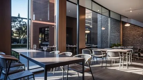 imagen interior de un restaurante minimalista que incluya vajilla, y elementos de iluminacion,daylighting,contemporary decor,gensler,the coffee shop,cafetorium,patios,cafeterias,lunchroom,bridgehead,c