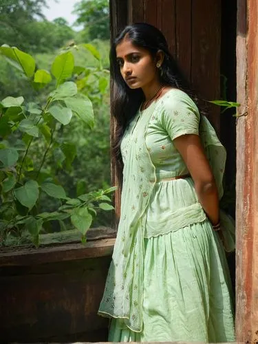 This picture shows a young Indian Lady in a light-colored dress standing at a window. Her gaze is directed outside and she appears to be pensive. Bright colors. The surroundings outside appear green a