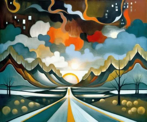 an oil painting with the image of trees and a street,mountain road,the road,crossroad,open road,mountain highway,road,Art,Artistic Painting,Artistic Painting 45