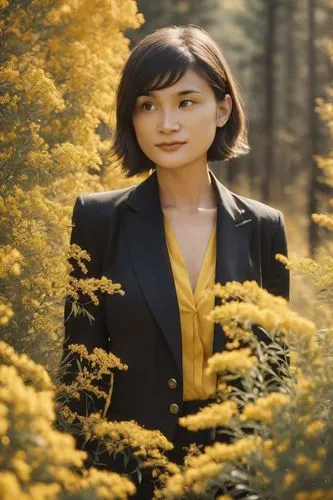 輕快的走在山林間,a woman in a black suit standing among flowers,rajavi,yukiko,namatbayeva,tsunku,nanako,toshiko,Photography,Natural