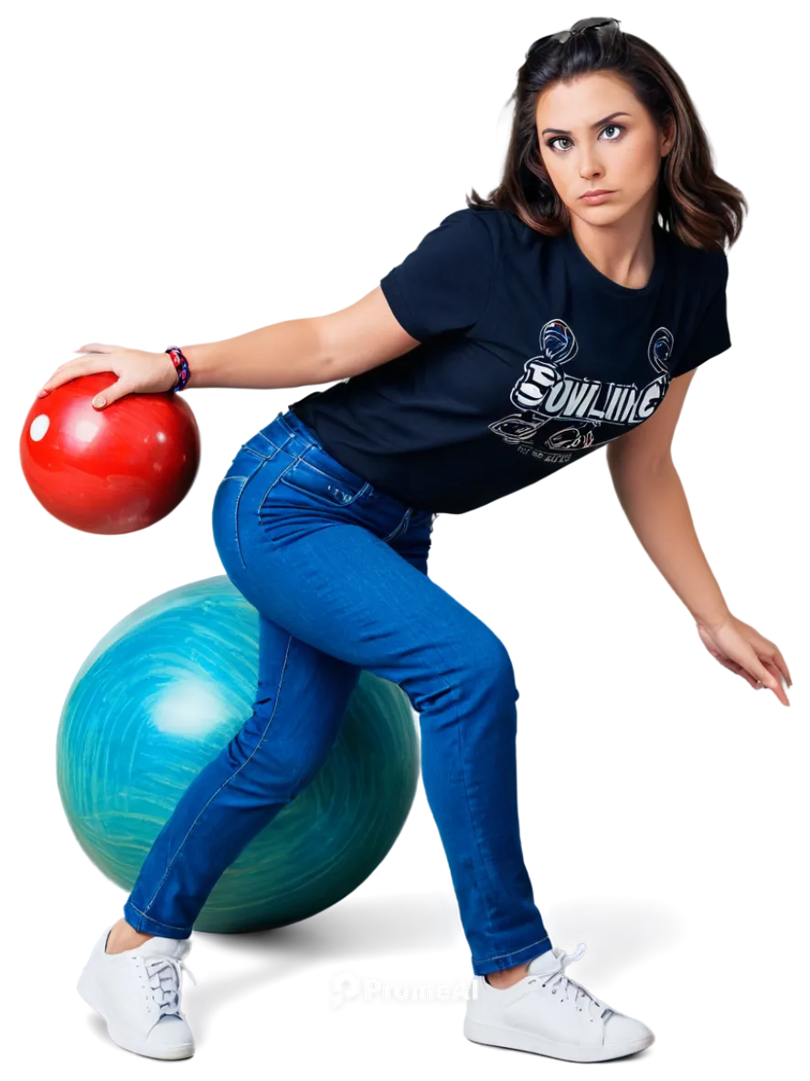 Bowling girl, sporty outfit, dynamic pose, right leg bent, left leg straight, right arm holding bowling ball, left hand supporting right wrist, focused expression, shiny hair tied back, bright makeup,