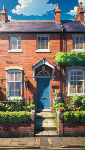 A small house in the year 1930 in a city in England, in front of a street with a sidewalk.,a large brick building with blue door and windows,weatherfield,red brick,houses clipart,red bricks,redrow,red