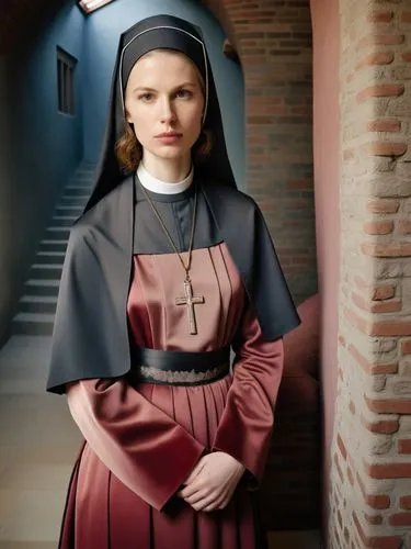 Hildegard, the day before her consecration as a nun in the idyllic monastery of Bingen, with a thoughtful look on her face as she prepares for the next step on her spiritual path.,the nun posing with 