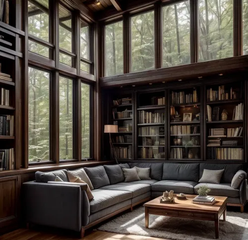 bookshelves,reading room,bookcase,book wall,bookshelf,wooden windows,interior design,shelving,great room,livingroom,sitting room,study room,interiors,living room,the living room of a photographer,inte