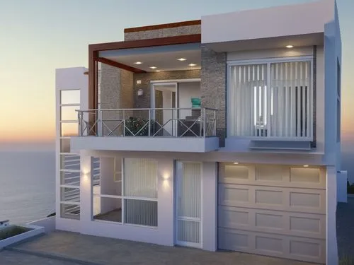 this is an artist's rendering of a modern home at sunset,penthouses,ocean view,oceanfront,block balcony,3d rendering,oceanview,Photography,General,Realistic