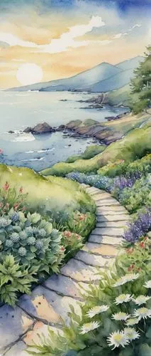 watercolor background,pathway,meadow in pastel,coastal landscape,lupines,lavender field,landscape background,watercolor,the road to the sea,home landscape,an island far away landscape,watercolor painting,hare trail,purple landscape,sea-lavender,lavender fields,isle of may,clover meadow,sea landscape,salt meadow landscape,Illustration,Paper based,Paper Based 15