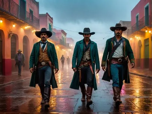 three gunmen cowboys are walking down the street,two men walking down a street while wearing long coats,vaqueros,conquistadores,comancheros,barbossa,caballeros,conquistadors,Photography,General,Fantas