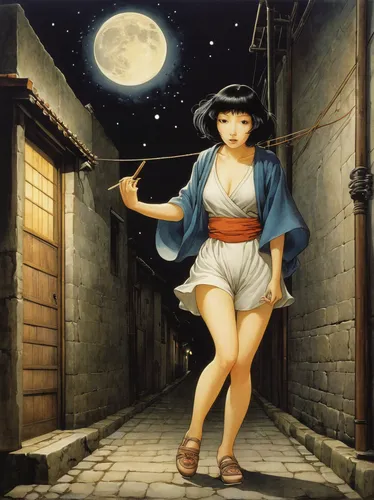 moon walk,violinist violinist of the moon,rem in arabian nights,big moon,anime japanese clothing,moonlit night,full moon day,full moon,moonlit,moon night,moon addicted,moon phase,moon shine,hanging moon,swordswoman,japanese woman,fantasy girl,the girl in nightie,blue moon,cigarette girl,Illustration,Retro,Retro 19