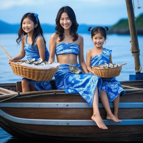 A smiling Japanese mother and daughters wearing loincloths printed with blue and white waves, sitting on a fishing boat, holding two baskets of oysters.,A Japanese Ama pearl diver sits with her daught