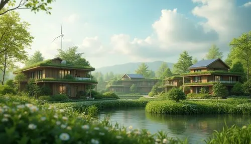 home landscape,asian architecture,house in the forest,landscape background,house with lake,treehouses,fantasy landscape,wooden houses,green landscape,houseboats,wooden house,stilt houses,floating huts,forest house,japan landscape,beautiful home,summer cottage,longhouses,dreamhouse,teahouse,Photography,General,Realistic