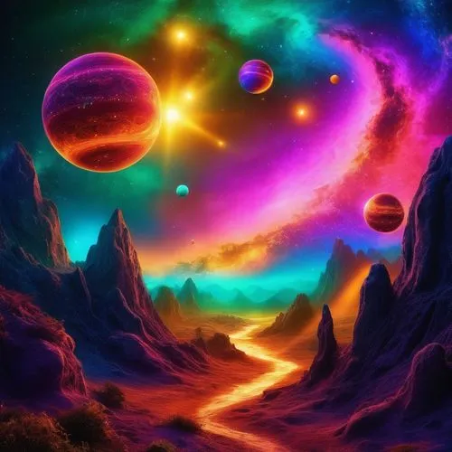 Imagine a fantastical universe where multiple planets of varying sizes and colors float in space. Each planet has its own unique features, such as glowing rings, mysterious landscapes, and vibrant atm