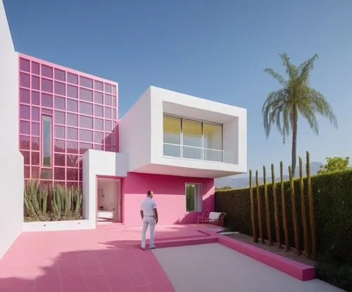 DISEÑO ESTERIOR DE UNA CASA ESTILO MINIMALISTA, USANDO EN UN VOLUMEN EL COLOR ROSA MEXICANO Y EL RESTO EN COLOR BLANCO, CON CANCELES DE ALUMINIO Y CRISTAL TRANSPERENTE, CORRCCION DE ERRORES.,the man s