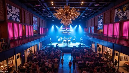 Vibrant music venue, electric blue stage lights, warm golden spotlights, rich wood accents, luxurious velvet drapes, metallic silver decorations, neon pink signage, dynamic LED installations, pulsing 