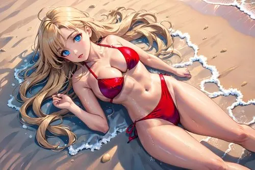 adult woman lying on sand. hands pulling off bikini
photographed from above.
sensual facial expressions.
on a beach, hot and moist weather. large breasts. red skimpy bikini,
long blonde wavy hair, blu