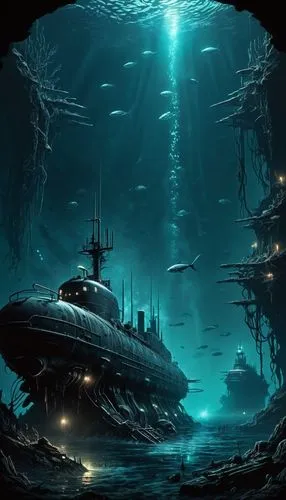 underwater background,deep sea,undersea,barotrauma,underwater landscape,sunken ship,deep ocean,the wreck of the ship,ocean underwater,deep sea nautilus,shipwreck,the bottom of the sea,depths,sunken boat,subterranea,atlantis,subkingdom,midwater,under sea,under the water,Conceptual Art,Fantasy,Fantasy 33