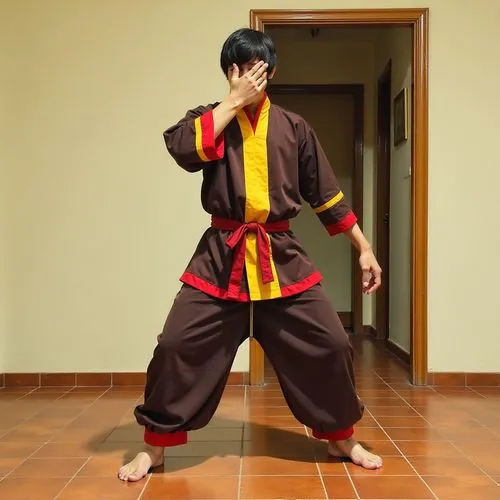 The image shows a person standing indoors on a brown tiled floor in a martial arts or costume pose, with one hand covering their face and the other extended forward. The individual is dressed in a cos