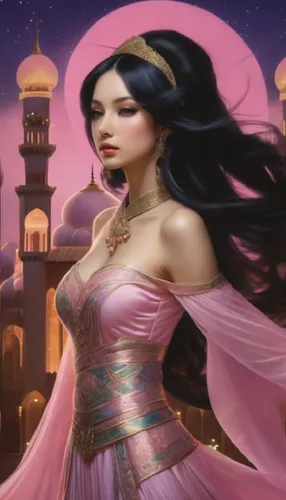 hair gently sways in the wind,the princess is standing with long black hair,sheherazade,gothel,scheherazade,rem in arabian nights,persia,oriental princess