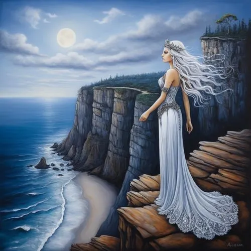 a painting of a woman standing on rocks in front of the ocean,fantasy picture,fantasy art,amphitrite,fathom,ariadne,sirene,Illustration,Abstract Fantasy,Abstract Fantasy 14