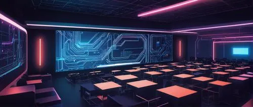 computer room,spaceship interior,nightclub,3d render,cyberscene,spaceland,lecture hall,classroom,cinema 4d,ufo interior,3d background,cyberspace,study room,cyberia,cybertown,voxels,cyberworld,80's design,3d rendering,neon coffee,Conceptual Art,Oil color,Oil Color 17