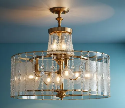 textured glass ceiling mount chandelier ,a chandelier with five lights in the middle of a room,ceiling lamp,chandelier,chandeliered,chandeliers,ceiling light,hanging lamp,Photography,General,Realistic