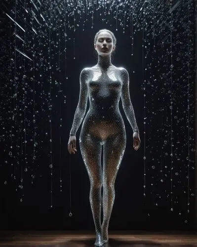 silver rain,shower of sparks,in the rain,rain shower,spark of shower,wet girl,drawing with light,bodypainting,walking in the rain,wet,silver,neon body painting,drenched,humanoid,drops on the body,silver surfer,artist's mannequin,light rain,raindrops,3d figure,Photography,Artistic Photography,Artistic Photography 11