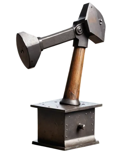 Industrial anvil, metallic surface, rusty texture, detailed bolts, heavy base, worn-out handle, hammer leaning against it, sparks flying around, dramatic spotlight, dark background, high contrast, cin