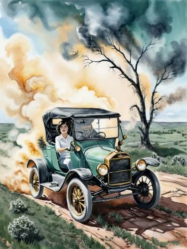 Mrs. Clara Jane Ford is at the center of the action. She is driving a Ford (Model T) through a Texan landscape, its dark green paint reflecting the bright sunlight. The intricate details of the old ca