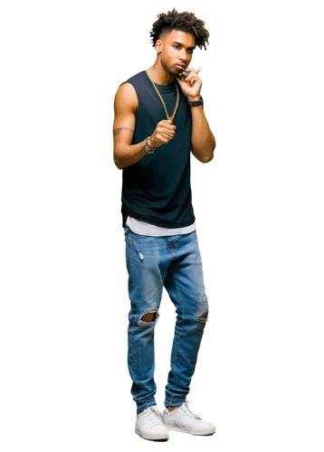 Young rapper, hip-hop dancer, male, afro hairstyle, gold chain, tattoos, sleeveless shirt, ripped jeans, sneakers, confident posture, one hand in pocket, other holding mic, urban background, warm ligh