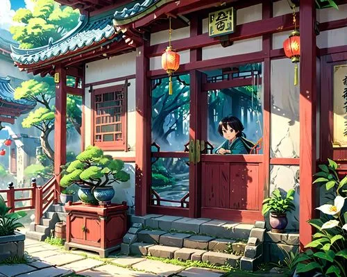 japanese shrine,watercolor tea shop,shrine,chinese temple,studio ghibli,bamboo plants,flower shop,oriental,tsukemono,bamboo,asian architecture,bamboo forest,game illustration,shinto shrine,chinese background,tea garden,kyoto,guilinggao,sake gardens,ryokan,Anime,Anime,Traditional