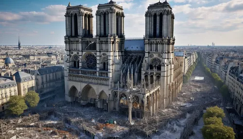 Imagine a futuristic world where advanced technology is used to restore Notre Dame, with robots and drones working tirelessly to rebuild the cathedral.,notredame de paris,notre dame,notre-dame,paris,g