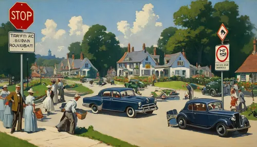 1950s,1940s,1950's,1955 montclair,austin 1800,1940,vintage art,50s,street scene,1952,pedestrians,automobiles,austin 16,morris eight,austin cambridge,morris minor,1943,pedestrian,fifties,traffic signs,Art,Classical Oil Painting,Classical Oil Painting 15