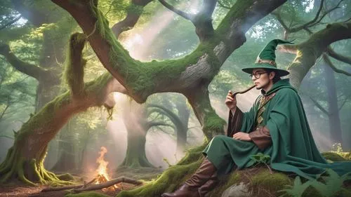 The green wizard sits by the tree amid the green forest, smoking from his pipe, he wears a green spiky wide brimmed hat a green cloak. Realistic complexity an immersive. ,Hirgalad in the forest awaits