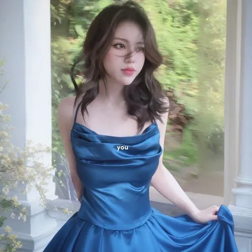 an asian woman in blue dress posing on porch,blue dress,margairaz,ballgown,gown,medvedeva,zooey