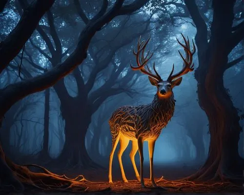 Eldritch deer, mysterious forest, twilight atmosphere, glowing eyes, twisted antlers, misty fog, eerie silence, abandoned ritual site, ancient trees with gnarled branches, vines crawling up trunks, di