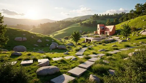 alpine village,hobbiton,cryengine,3d render,alpine pastures,render,mountain settlement,alpine landscape,3d rendered,mountain village,shire,rattay,oberland,alpine crossing,home landscape,hillside,salt meadow landscape,riftwar,3d rendering,mushroom landscape