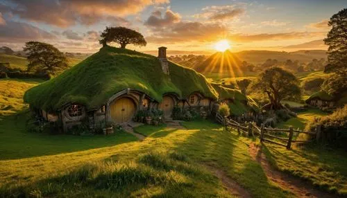 hobbiton,ireland,hobbit,new zealand,northern ireland,home landscape,fantasy landscape,scotland,fairy house,thatched cottage,green landscape,scottish highlands,witch's house,fantasy picture,fairy village,north island,ancient house,wales,iceland,mushroom landscape