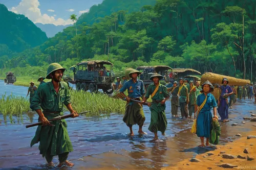 pilgrims,vietnam,forest workers,nomadic people,mekong,myanmar,laos,vietnam's,paddy harvest,viet nam,cambodia,khokhloma painting,river of life project,bangladesh,amazonian oils,vietnam vnd,nomadic children,nước chấm,cơm tấm,village scene,Illustration,Retro,Retro 14