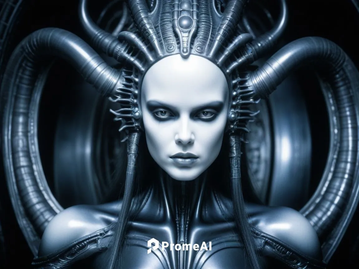 H.R. Giger influence,a woman in silver wearing horns with an alien head,giger,sirian,gynoid,biomechanical,shamen,lifeforms