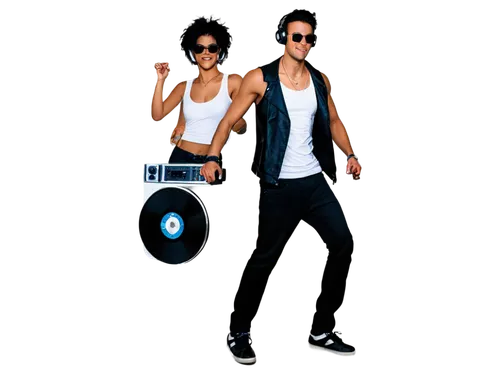 DJ, male, young adult, cool sunglasses, messy black hair, earring, silver chain necklace, white tank top, black denim pants, sneakers, vinyl records, DJ console, headphones, spinning records, energeti