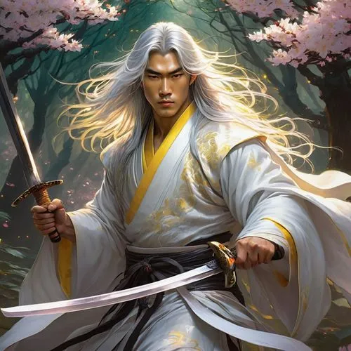 handsome asian young man with long silver shiny hair, yellow glowing eyes eyes, white and golden robes, two swords, fantasy sakura forest, he is maditating,rongfeng,yi sun sin,katsura,glorfindel,sereg