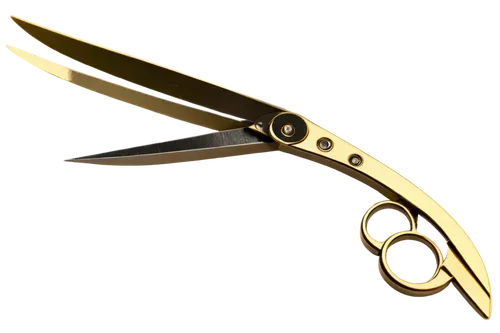 Transparent scissors, metallic sheen, sharp blades, curved handles, golden rivets, detailed bolts, glossy surface, reflection highlights, shallow depth of field, soft focus, warm lighting, 3/4 composi