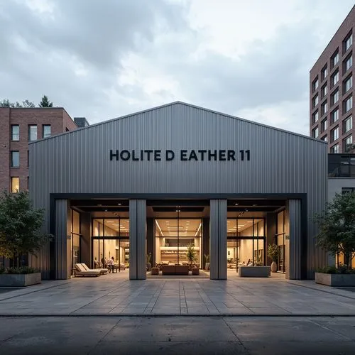 Industrial warehouse facade, modern streamline style, metallic cladding, clean lines, minimalist aesthetic, large windows, steel frames, concrete floors, exposed ductwork, urban cityscape, cloudy grey