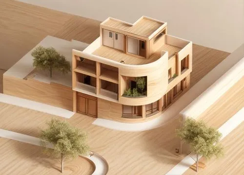 Axometry, Wooden model style. A top-down view.,model house,cubic house,miniature house,timber house,an apartment,archidaily,japanese architecture,wooden construction,3d rendering,habitat 67,eco-constr