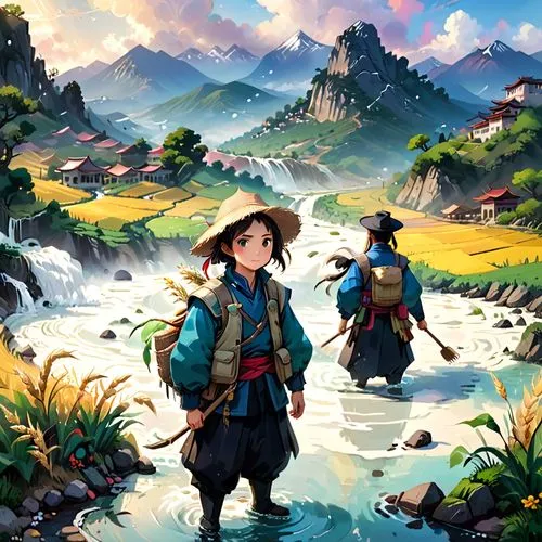 adventurer,longmei,adventurers,wander,adventuress,explorers,maoyuan,mountain world,studio ghibli,ghibli,travelers,kaitos,watercolor background,adventure,mountain scene,arrietty,rice fields,flyfishers,wanderer,yamada's rice fields,Anime,Anime,Cartoon