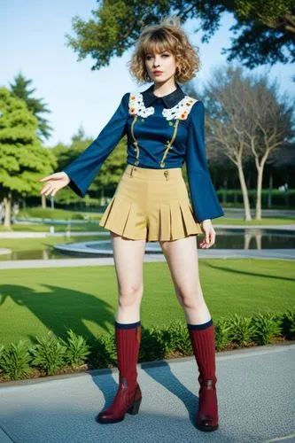 a woman wearing red boots is posing in front of a green field,kyary,pamyu,zettai,lindsey stirling,sailor,miniskirted